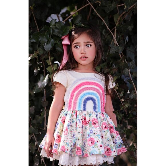 Sz 8 and 10 Girl August Boho Floral Rainbow dress and shorts NWT - Picture 6 of 13